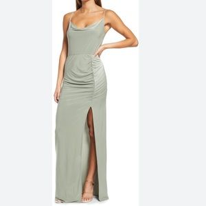 WAYF The Layla Dress Ruched Slit Cowl Neck Sleeveless Gown Color Sage Size M